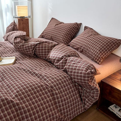 EAVD Vintage Style Burgundy Gingham Duvet Cover Twin 100% Washed Cotton Like Linen Feel Soft Checkered Grid Plaid Bedding Set with 2 Pillowcases Farmhouse Grid Geometric Duvet Cover with Zipper