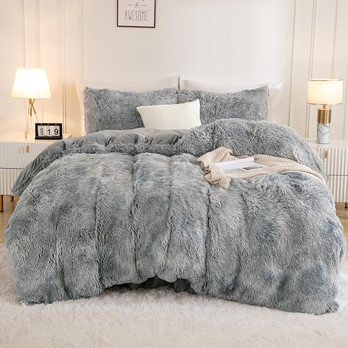 Andency Tie-Dyed Grey White Comforter King Size, 3 Pieces Faux Fur Fluffy Fuzzy Plush Bedding Comforter Set, Soft Puffy Comfy Down Comforter Bed Set