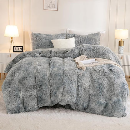Andency Tie-Dyed Grey White Comforter King Size, 3 Pieces Faux Fur Fluffy Fuzzy Plush Bedding Comforter Set, Soft Puffy Comfy Down Comforter Bed Set