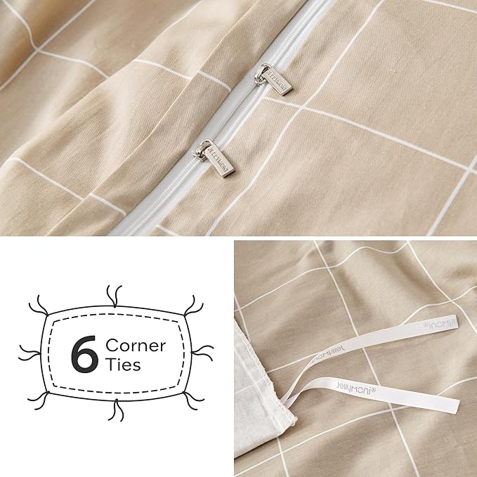 JELLYMONI 100% Natural Cotton 2pcs Plaid Duvet Cover Sets, Checkered Twin Comforter Cover, 1 Duvet Cover and 1 Pillow Case with Zipper Closure & Corner Ties, Khaki