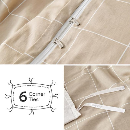 JELLYMONI 100% Natural Cotton 2pcs Plaid Duvet Cover Sets, Checkered Twin Comforter Cover, 1 Duvet Cover and 1 Pillow Case with Zipper Closure & Corner Ties, Khaki