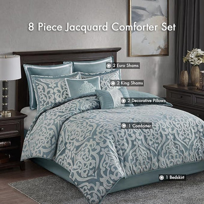 Madison Park Odette Cozy Comforter Set Jacquard Damask Medallion Design - Modern All Season, Down Alternative Bedding, Shams, Decorative Pillows, Queen(90 in x 90 in), Aqua