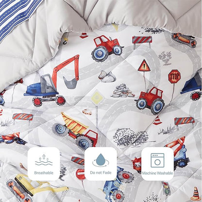 Truck Twin Comforter Set for Boys, 5 Pieces Kids Bedroom Bedding Set with Sheets and Pillowcase, Super Soft Lightweight for All Seasons, Car, Machine Washable