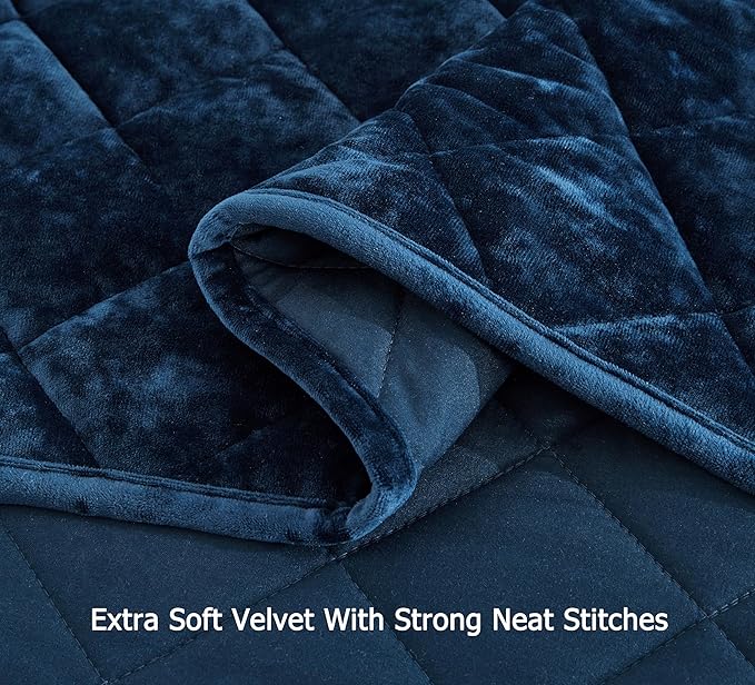 Chezmoi Collection Lux Navy Blue Velvet Quilt King Set, 3-Piece Plush Distressed Velvet Bedding All Season Lightweight Comforter Brushed Microfiber Reverse with Diamond Stitch Quilting