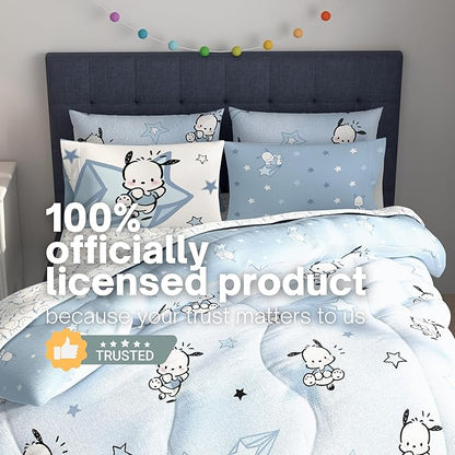 Sanrio Pochacco Bedding 7 Piece Super Soft Cozy Reversible Comforter and Sheet Set with Sham, Full, (Officially Licensed Product) By Franco