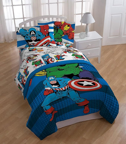 Jay Franco Kids Sheet Set with Fitted, Flat Sheets & Pillow Cover - Ultra-Soft Bedding with Pillowcase for Room Decor, White - Avengers, 4 Piece Full
