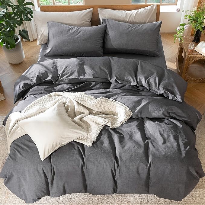 MooMee Bedding Duvet Cover Set 100% Washed Cotton Linen Like Textured Breathable Durable Soft Comfy (Heathered Dark Grey, Queen 90"x90")