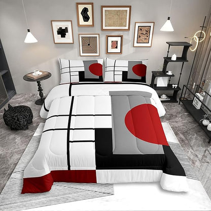 Erosebridal White Black Red Striped Queen Comforter Set for Adult Women Men Boho Modern Geometric Abstract Bedding Set Stripes Lines Bed Set Minimalist Square and Circle Quilt Set