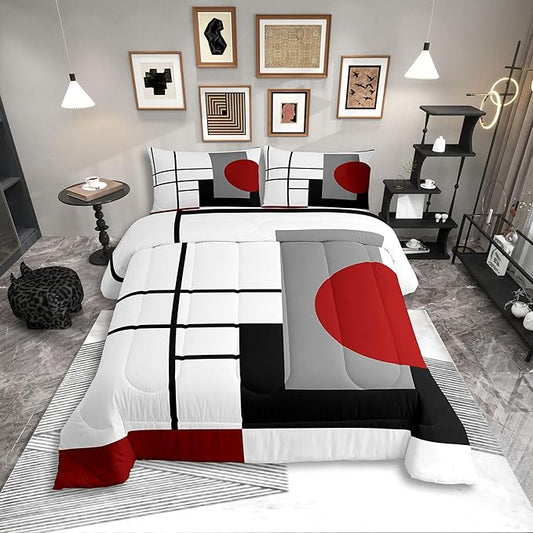 Erosebridal White Black Red Striped Toddler Comforter Boho Modern Geometric Abstract Bedding Set Stripes Lines Duvet Insert Minimalist Square and Circle Bed Sets
