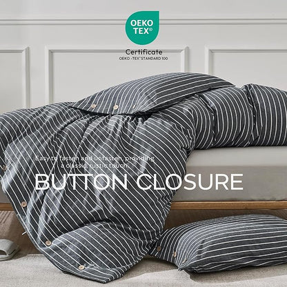 JELLYMONI Cotton Duvet Cover King Size - Gray Pinstriped Comforter Cover with Button 100% Washed Cotton 3PCS Breathable Soft Solid Bedding Set Duvet Cover 104×90in & 2 Pillowcases (NO Comforter)