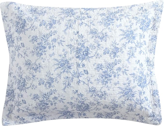 Laura Ashley - King Quilt Set, Soft & Reversible Cotton Floral Bedding with a Medium Weight Feel, 3 Piece Bed Set with Matching Pillowcases (Walled Garden Blue)