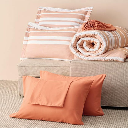 Bedsure California King Comforter Set 7 Pieces, Burnt Orange Striped Bedding Set for All Seasons, Reversible, Cationic Dyeing Bed in a Bag with Comforter, Sheets, Pillowcases & Shams