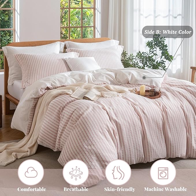 MILDLY Pink Striped Duvet Cover - 100% Washed Cotton Jacquard Textured Comforter Cover with Dual Zipper Closure & 8 Coner Ties