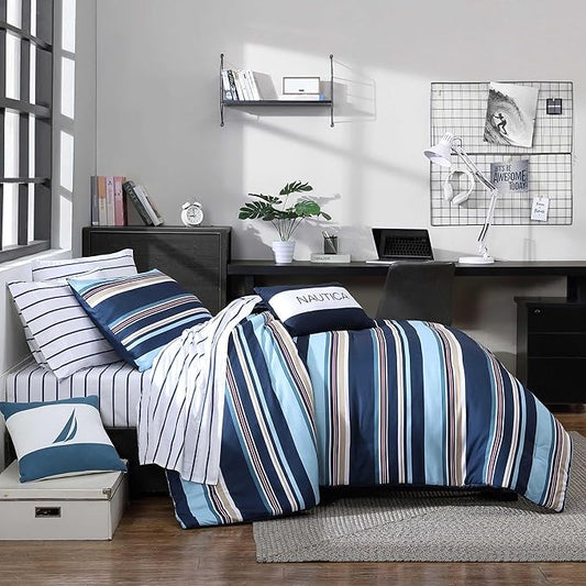 Nautica - Twin/Twin XL Comforter Set, Ultra Soft Bedding with a Woven Textured Feel, Medium Weight for Year Round Comfort, 4 Piece Bed Set with Matching Pillowcase & Bonus Throw Pillows (Colton Blue)