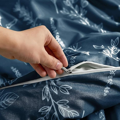 MUXHOMO Duvet Cover Full Size, Reversible Floral Navy Duvet Cover Set with Zipper Closure, 3 Pieces Botanical Patterns Soft Microfiber Bedding Set with 4 Ties (80"x90", 2 Pillow Cases)