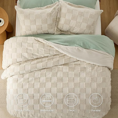 Bedsure Queen Size Comforter Set Mineral Blue, Boho Tufted Bed Set, Checkered Farmhouse Shabby Chic Bedding, 3 Pieces, 1 Plaid Geometric Comforter and 2 Pillow Shams