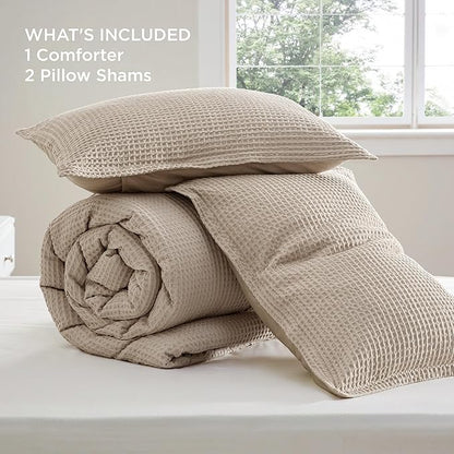 Bedsure Waffle Comforter Set Queen, Khaki Soft Bedding, Waffle Weave Bed Set, 3 Pieces, 1 Comforter (90"x90") and 2 Pillow Shams, Cotton Shell and Polyester Lining for All Seasons