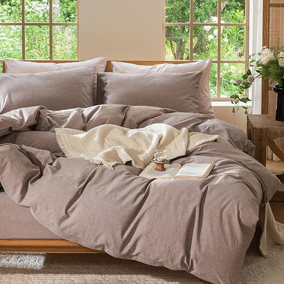 MooMee Bedding Duvet Cover Set 100% Washed Cotton Linen Like Textured Breathable Durable Soft Comfy (Heathered Mauve Brown, Super King Plus 120"x120")