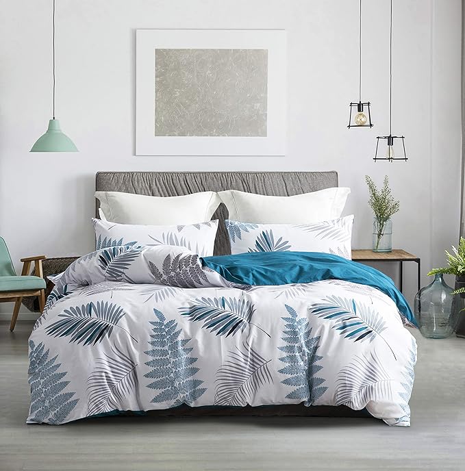 SLEEPBELLA Duvet Cover Twin, 600 Thread Count Cotton Leaf Botanical Pattern Print Reversible Comforter Cover Set (Twin, Teal Blue-Leaf)