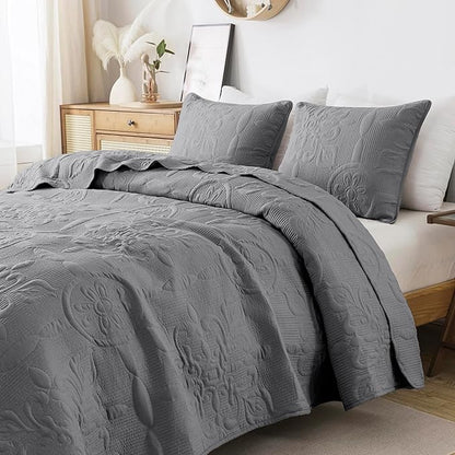 B2EVER Dark Grey Damask Quilt Twin Size Bedding Sets with 1 Pillow Sham, Boho Bedspread Lightweight Soft Farmhouse Vintage Bohemian Coverlet Retro Jacquard Pattern Bed Cover for All Season, 2 Pieces