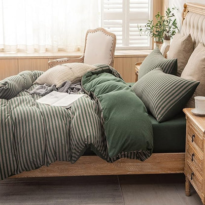 PURE ERA Jersey Knit Duvet Cover Set 100% T-Shirt Heather Cotton Super Soft Comfy Classic Striped Design, with Zipper Closure, Forest Green Stripe, Full