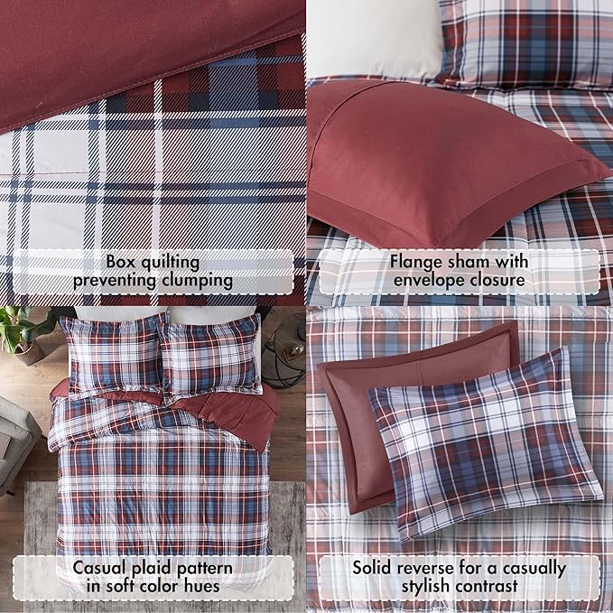 Madison Park Essentials Parkston Plaid Comforter, Matching Sham, 3M Scotchguard Stain Release Cover, Hypoallergenic All Season Bedding-Set, Twin/ Twin XL, Red, 2 Piece