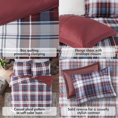 Madison Park Essentials Parkston Plaid Comforter, Matching Sham, 3M Scotchguard Stain Release Cover, Hypoallergenic All Season Bedding-Set, Twin/ Twin XL, Red, 2 Piece