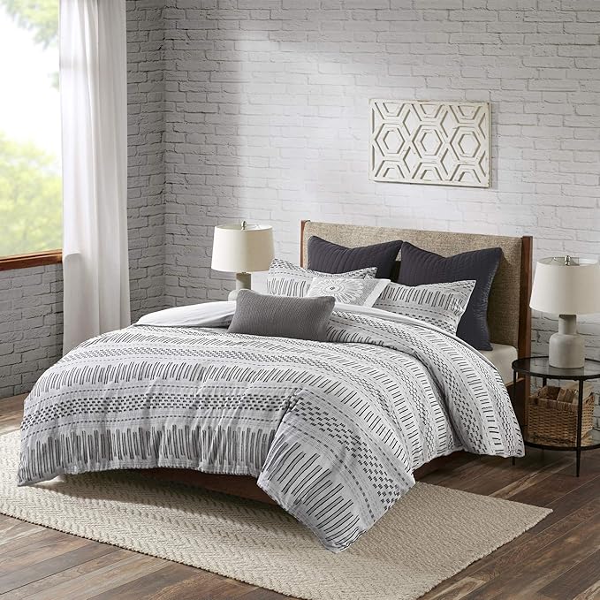 INK+IVY Rhea 100% Cotton Duvet Set Mid Century Modern Boho Design, All Season Comforter Cover Bedding Set, Matching Shams, King/Cal King, Geometric Clipped Jacquard Grey 3 Piece