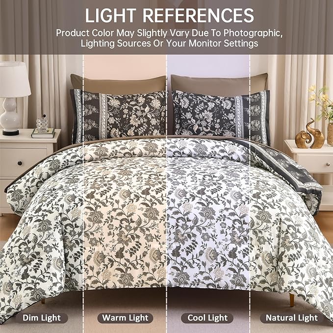 Dinjoy Comforter Set King Size Boho, Reversible Brown Gray Bedding Paisley Floral 7 Piece Bed in a Bag Soft Lightweight Bohemain Comforters with Sheet Sets for All Season