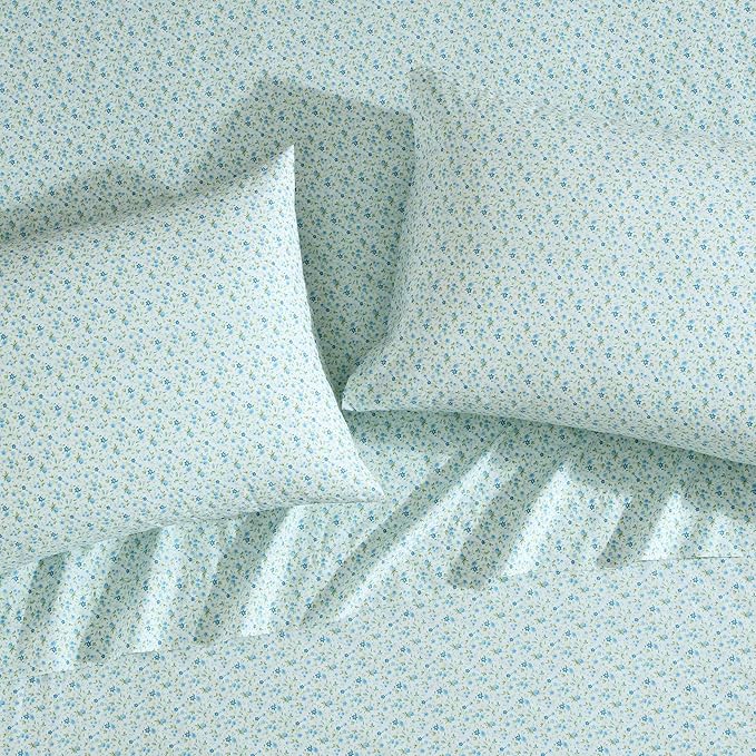 Laura Ashley - Queen Sheet Set, Crisp & Cool Cotton Percale Bedding with Deep Pockets, Lightweight for Year Round Comfort, Bed Sheets with Matching Pillowcases (Evie Blue)