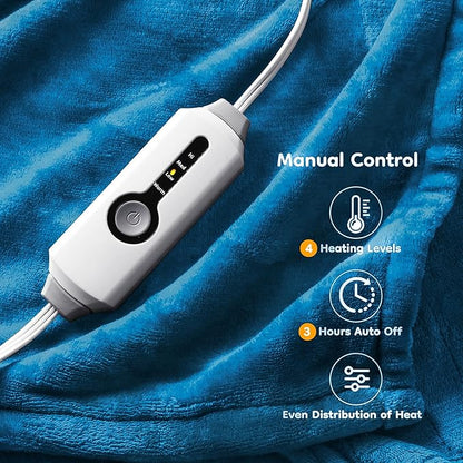 Electric Heated Blanket Throw Size 50"×60", Breathable & Luxurious Flannel, Soft Warm Gift with Over-Heat Protection, 4 Heating Levels & 3 H Auto Shut Off, Machine Washable, Lake Blue