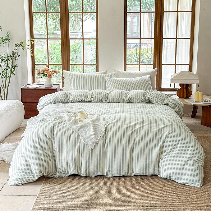 Striped Duvet Cover Set 100% Washed Cotton Linen Like Soft Feelling Breathable Bedding(White/Sage Green Strip,Queen)