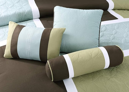Chezmoi Collection Upland 7-Piece Quilted Patchwork Comforter Set, Coffee Brown/Aqua Blue/Sage Green, Oversized King