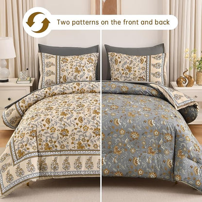 Dinjoy Comforter Set King Size Boho, Reversible Beige Bedding Paisley Floral 7 Piece Bed in a Bag Soft Lightweight Bohemain Comforters with Sheet Sets for All Season