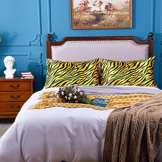 NTBAY 2 Pack Satin King Pillowcases for Hair and Skin, Luxurious and Silky Zebra Printed Pillow Cases with Envelope Closure, 20x36 Inches, Yellow and Black