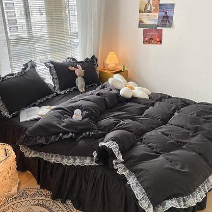 MOOWOO Chic Ruffle Lace Polyester Duvet Cover Set - Luxury Premium Black Bedding-2 Piece Twin Duvet Cover with Zipper Closure -Ultra Soft and Light Weight(Black, Twin)