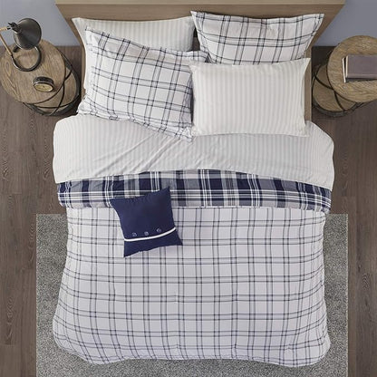 Madison Park Essentials Cozy Bed in A Bag - Reversible Comforter with Complete Sheet Set, Casual Plaid Cabin Design, All Season Cover, Decorative Pillow, Patrick Plaid Navy King(104"x92") 8 Piece