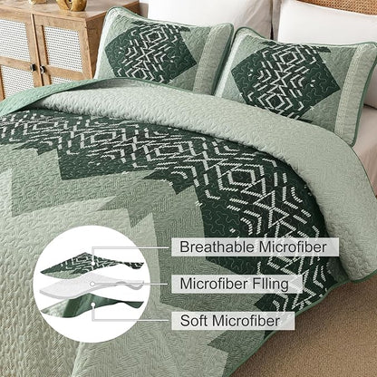 Dintszyayue Green Quilt Set Queen Size,3 Piece Boho Aztec Texture Bedspread Coverlet Set Reversible Lightweight Bedding Set Geometric Bohemian Bed Cover with 2 Pillowcases(Green,90"x96")