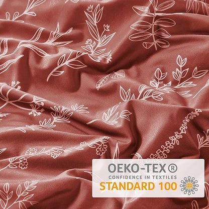 MUXHOMO Duvet Cover Queen Size, Reversible Floral Terracotta Duvet Cover Set with Zipper Closure, 3 Pieces Botanical Patterns Soft Microfiber Bedding Set with 4 Ties (90"x90", 2 Pillow Cases)