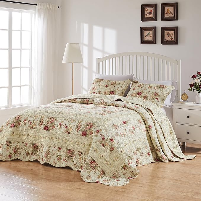 Greenland Home Antique Rose Jumbo Oversized 100% Cotton Bedding Set, Bedspread 110 W x 118 L with 2 Shams 20 W x 26 L Each, Queen (3 Piece), Ecru