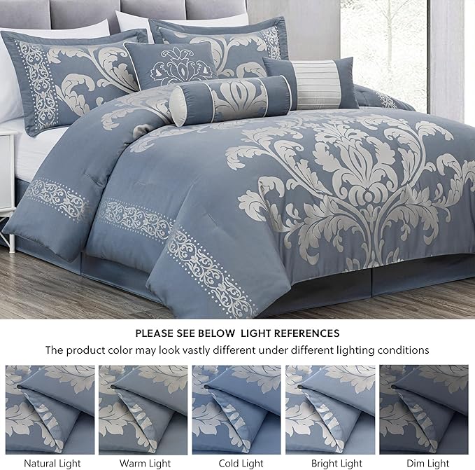 Chezmoi Collection Royale 7-Piece Jacquard Floral Comforter Set, California King, Grayish Blue/Gray