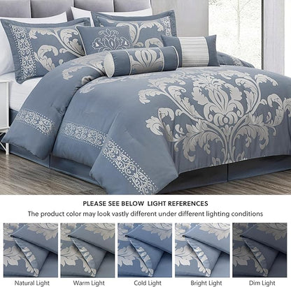 Chezmoi Collection Royale 7-Piece Jacquard Floral Comforter Set, California King, Grayish Blue/Gray