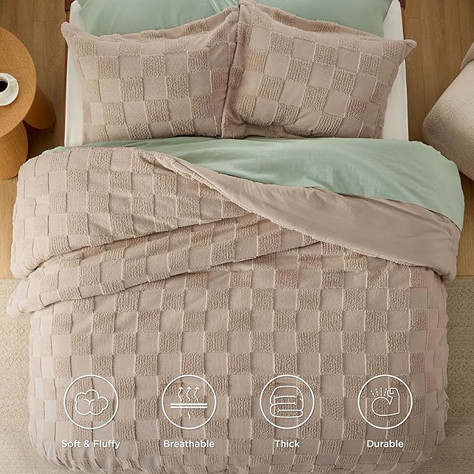 Bedsure Queen Size Comforter Set Khaki, Boho Tufted Bed Set, Checkered Farmhouse Shabby Chic Bedding, 3 Pieces, 1 Plaid Geometric Comforter and 2 Pillow Shams
