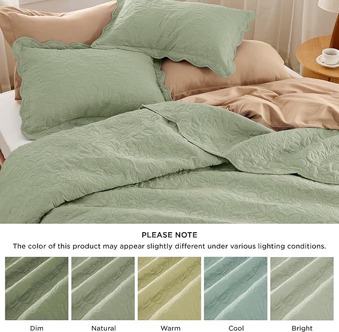 Bedsure Quilts Queen Size - Ultra Soft Pre-Washed Cloud-Like Bedding, All-Season Lightweight Comforter for Country Bedroom, Leaf Design Coverlet in Desert Sage, 90 x 96 Inches | Stitch-Free Quilting, Ultra Soft, Lightweight, Machine Washable, Pet-Friendly