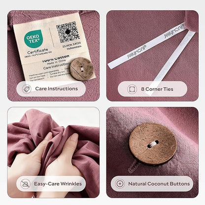 JELLYMONI 100% Washed Cotton Duvet Cover King – Soft, Breathable Linen-Look Bedding with Natural Wrinkle Texture, Button Closure, 3-Piece Set (Deep Rose, 104"x90")