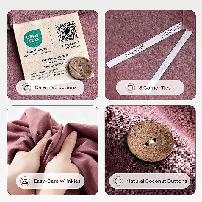 JELLYMONI 100% Washed Cotton Duvet Cover Queen – Soft, Breathable Linen-Look Bedding with Natural Wrinkle Texture, Button Closure, 3-Piece Set (Deep Rose, 90"x90")
