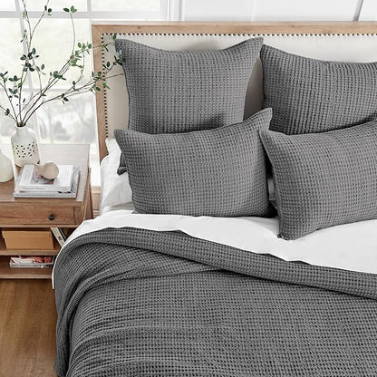 Levtex Home Mills Waffle King Bedspread Set (120x104in) with 2 Pillow Shams (36x20in) - Charcoal - Cotton King Size Bedspread Set - Soft, Pre-Washed