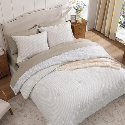 Queen Comforter Set - 7 Pieces Beige Gauze Muslin Bedding Sets for All Seasons, Lightweight Breathable Bed in a Bag Queen with Revesible Farmhouse Comforter, Sheets, Pillowcases & Shams