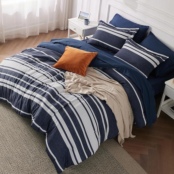 Bedsure California King Comforter Set 7 Pieces, Blue Striped Bedding Set for All Seasons, Reversible, Cationic Dyeing Bed in a Bag with Comforter, Sheets, Pillowcases & Shams