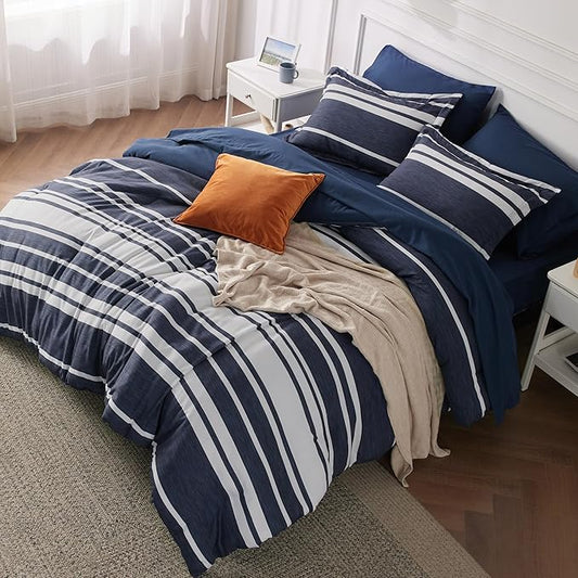Bedsure King Comforter Set 7 Pieces, Blue Striped Bedding Set for All Seasons, Reversible, Cationic Dyeing Bed in a Bag with Comforter, Sheets, Pillowcases & Shams